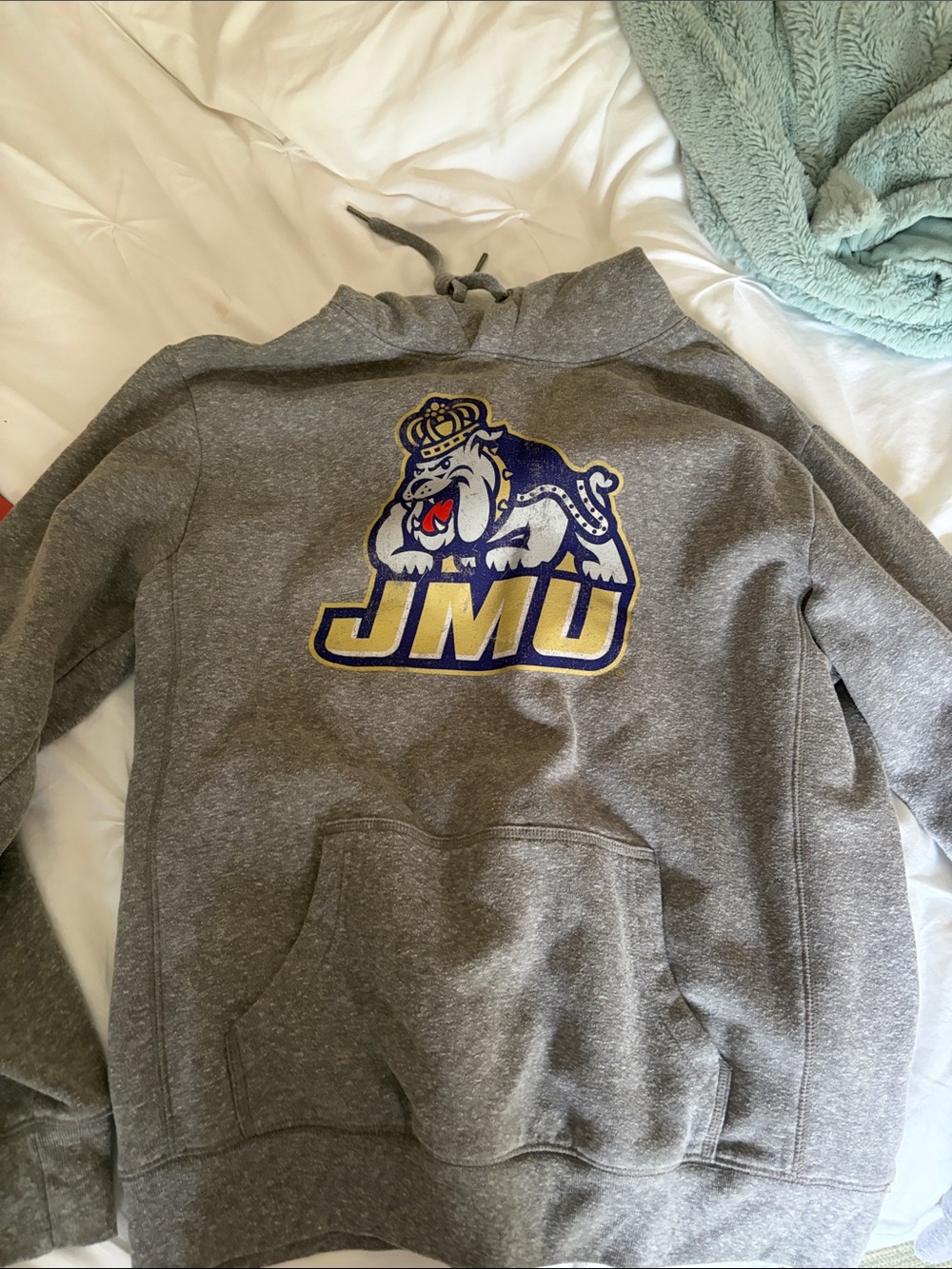 League Grey JMU Bulldogs Crewneck Hoodie with Purple and Gold Logo